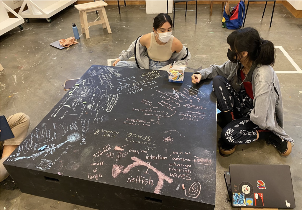 Photograph of two students brainstorming during a Social Practice class.